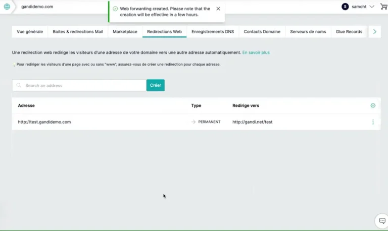 Onglet Redirections Web d'un domaine Gandi avec création d'une redirection permanente vers une autre adresse