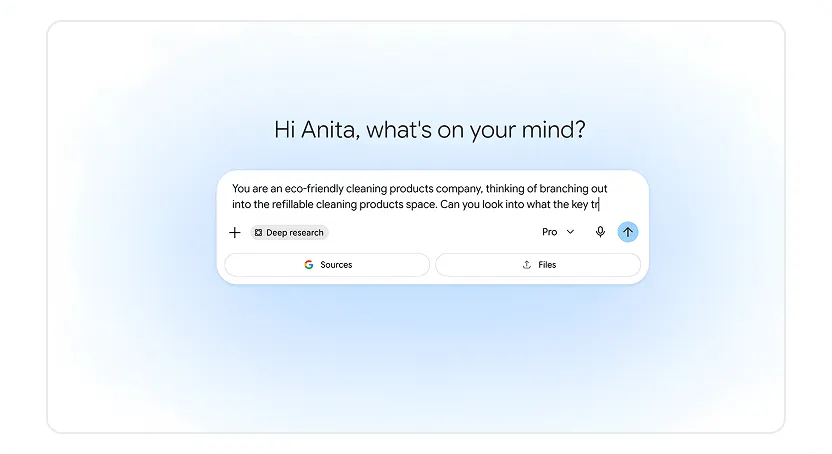 Écran d'accueil de l'application Gemini sur ordinateur avec mode Deep Research, choix du modèle et ajout de fichiers
