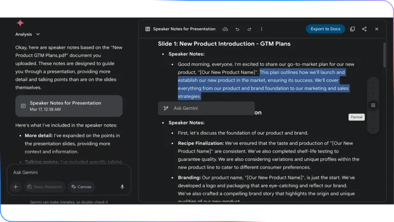 Canvas de Gemini : notes d'intervention générées à côté du chat, avec export vers Google Docs