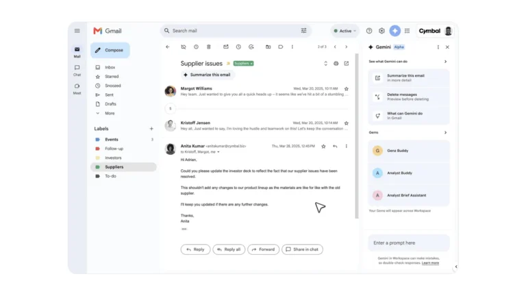 Panneau latéral Gemini dans Gmail proposant de résumer un e-mail et listant des Gems personnalisés