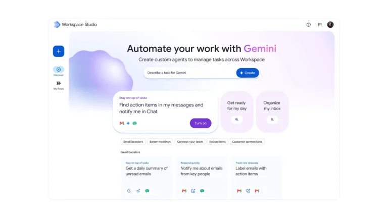 Accueil de Workspace Studio pour créer des agents Gemini qui automatisent des tâches dans Gmail et Chat