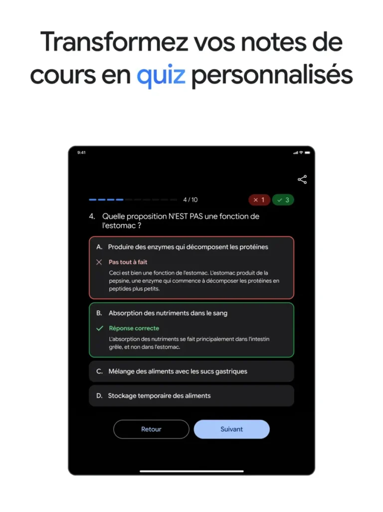 Quiz de révision généré par Gemini sur tablette, avec correction et explication de chaque réponse
