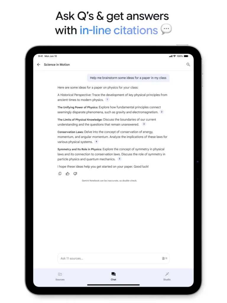 Application Gemini Notebook sur iPad : réponse du chat avec citations et onglets Sources, Chat et Studio