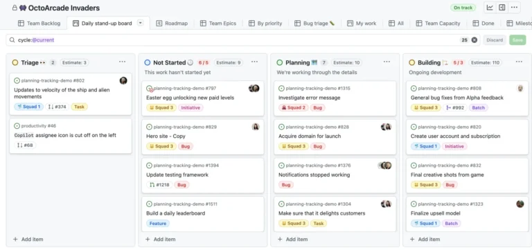 Tableau kanban GitHub Projects avec colonnes Triage, Not Started, Planning et Building et tickets étiquetés