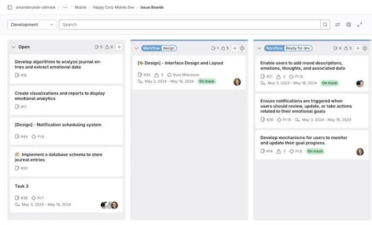 Tableau de tickets GitLab en colonnes Open, design et Ready for dev avec jalons, poids et dates