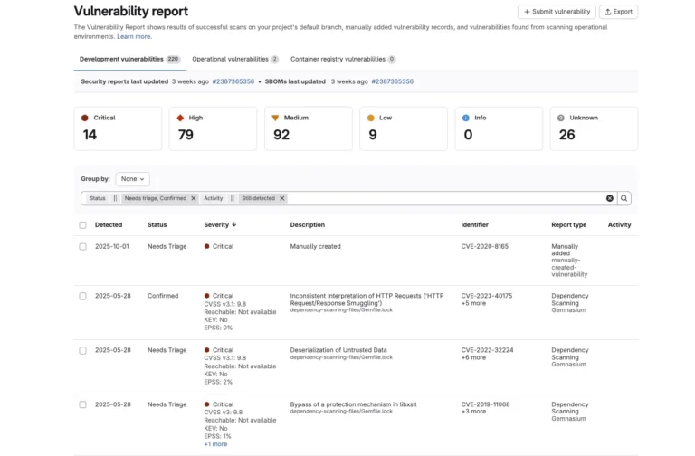 Rapport de vulnérabilités GitLab avec compteurs par sévérité et liste des failles détectées par l'analyse des dépendances