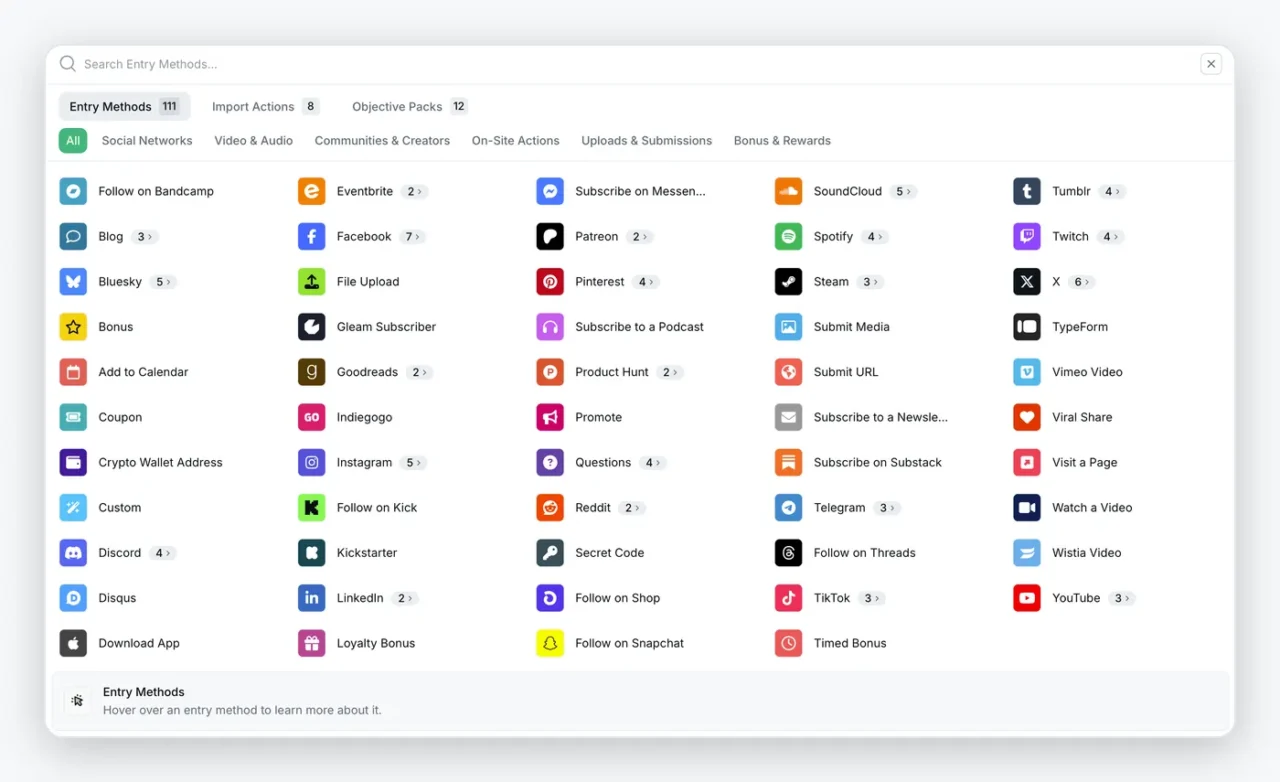 Catalogue des méthodes de participation de Gleam : 111 actions classées par réseau social, vidéo, communauté et action sur site