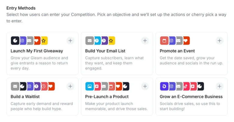 Packs d'objectifs de Gleam : premier giveaway, liste e-mail, événement, liste d'attente, lancement de produit et e-commerce
