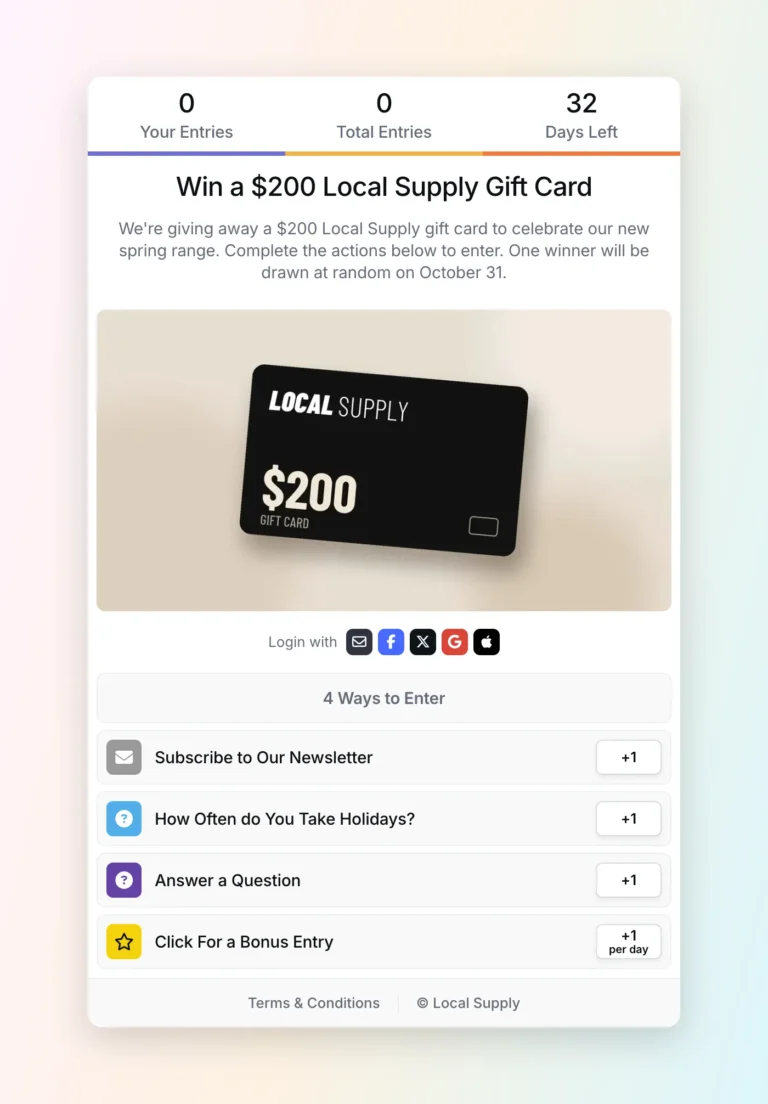 Widget de concours Gleam vu par le participant : compteurs de participations, lot à gagner, connexion et quatre façons de participer