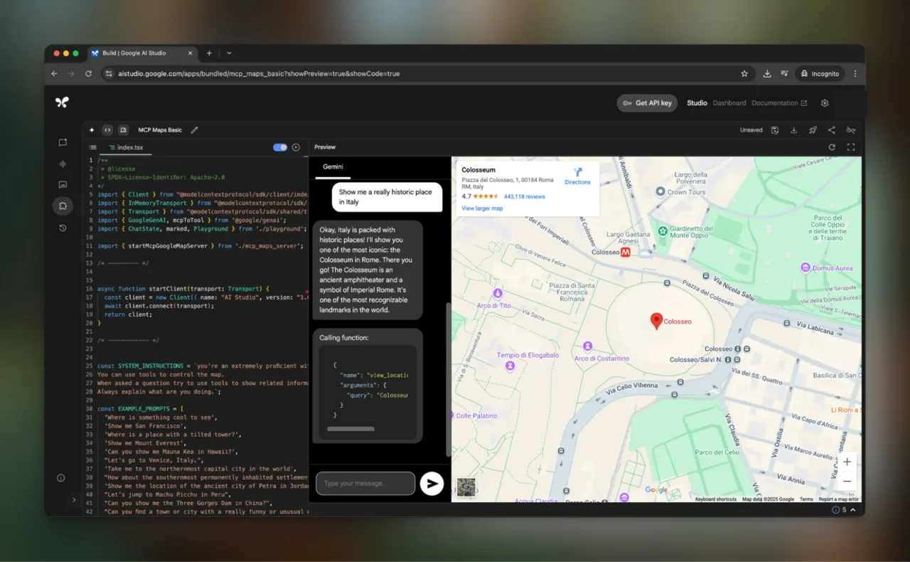 Mode Build de Google AI Studio avec le code d'une appli à gauche et son aperçu à droite : chat Gemini et carte Google Maps
