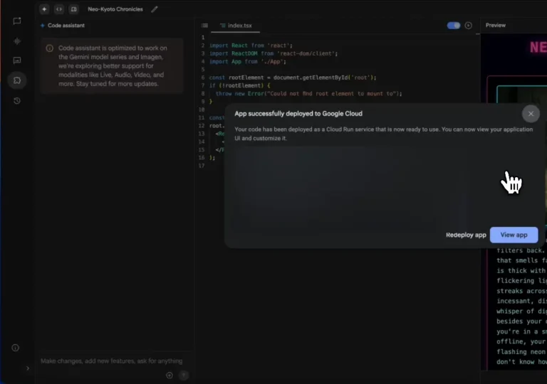 Éditeur de Google AI Studio avec assistant de code, fichier index.tsx et confirmation de déploiement sur Google Cloud