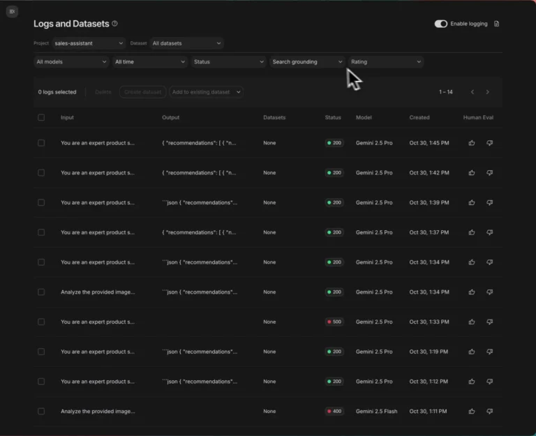 Écran Logs and Datasets de Google AI Studio listant les appels à l'API Gemini avec statut, modèle et date