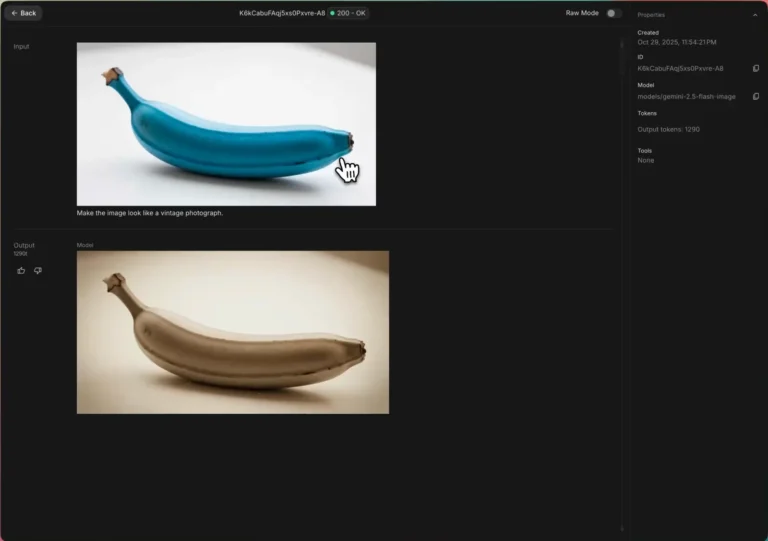 Détail d'un log Google AI Studio montrant l'image envoyée, le prompt, l'image générée et les propriétés de l'appel