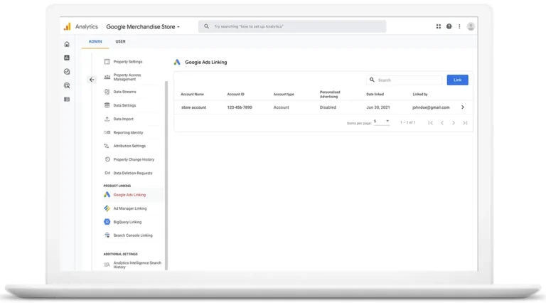 Écran d'administration de Google Analytics consacré à l'association d'un compte Google Ads à la propriété