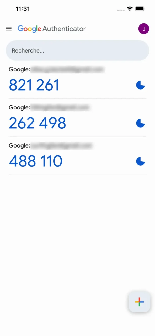 Liste des codes de validation à six chiffres dans Google Authenticator sur iPhone, avec barre de recherche et bouton d'ajout
