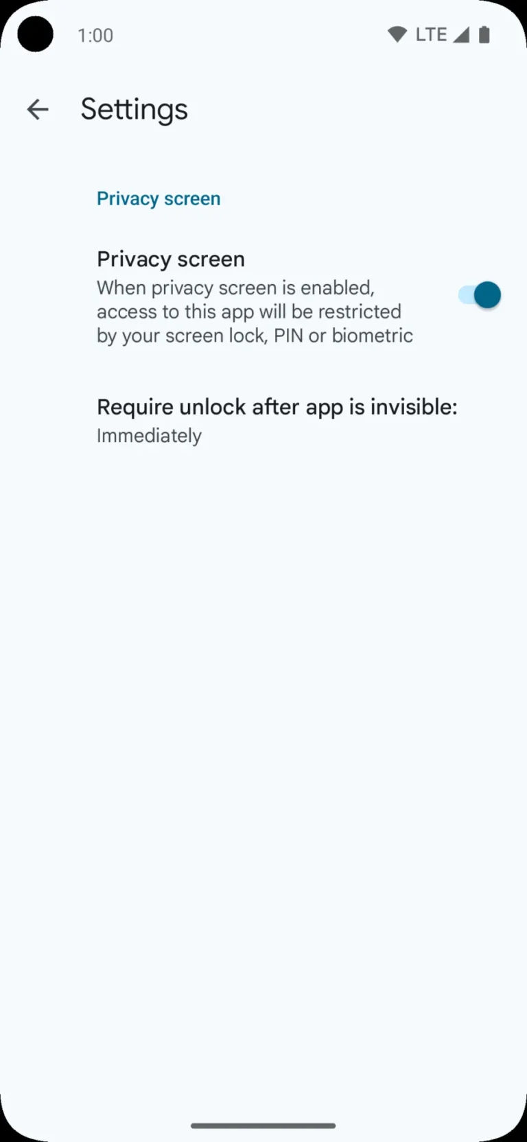 Paramètres Privacy screen de Google Authenticator sur Android, avec déverrouillage exigé immédiatement