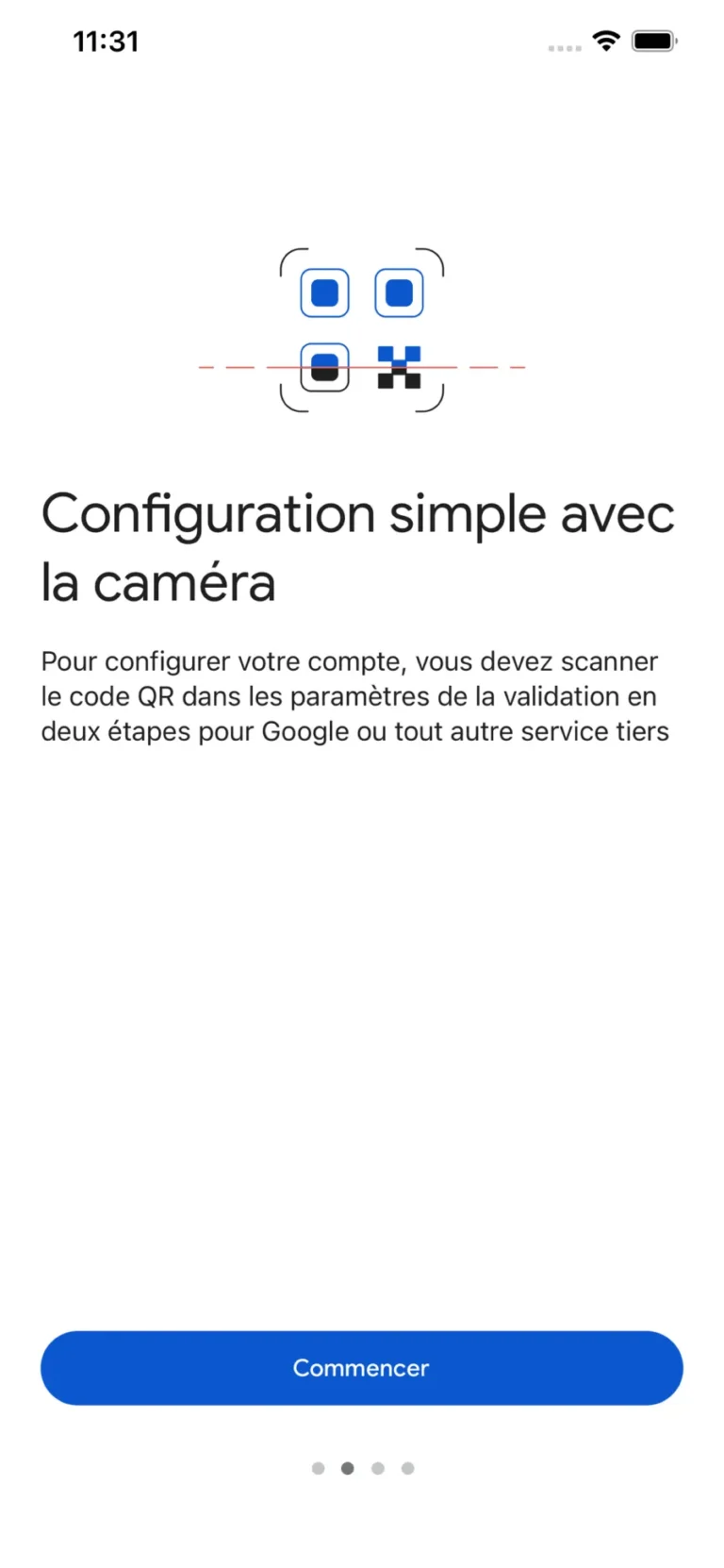Écran d'accueil de Google Authenticator en français expliquant la configuration d'un compte par scan de code QR