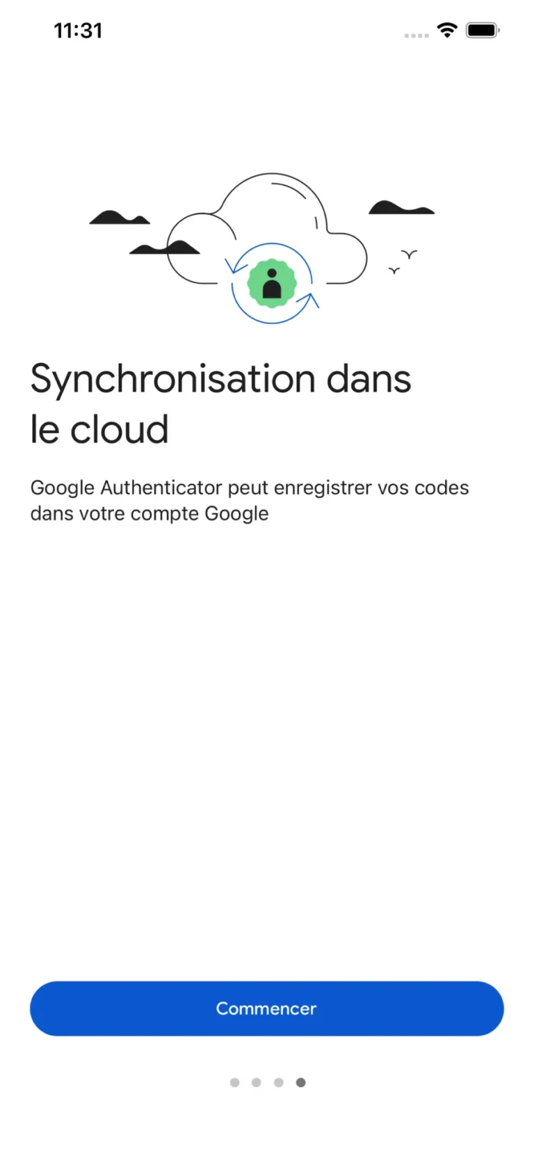 Écran Synchronisation dans le cloud de Google Authenticator sur iPhone, avant la connexion au compte Google