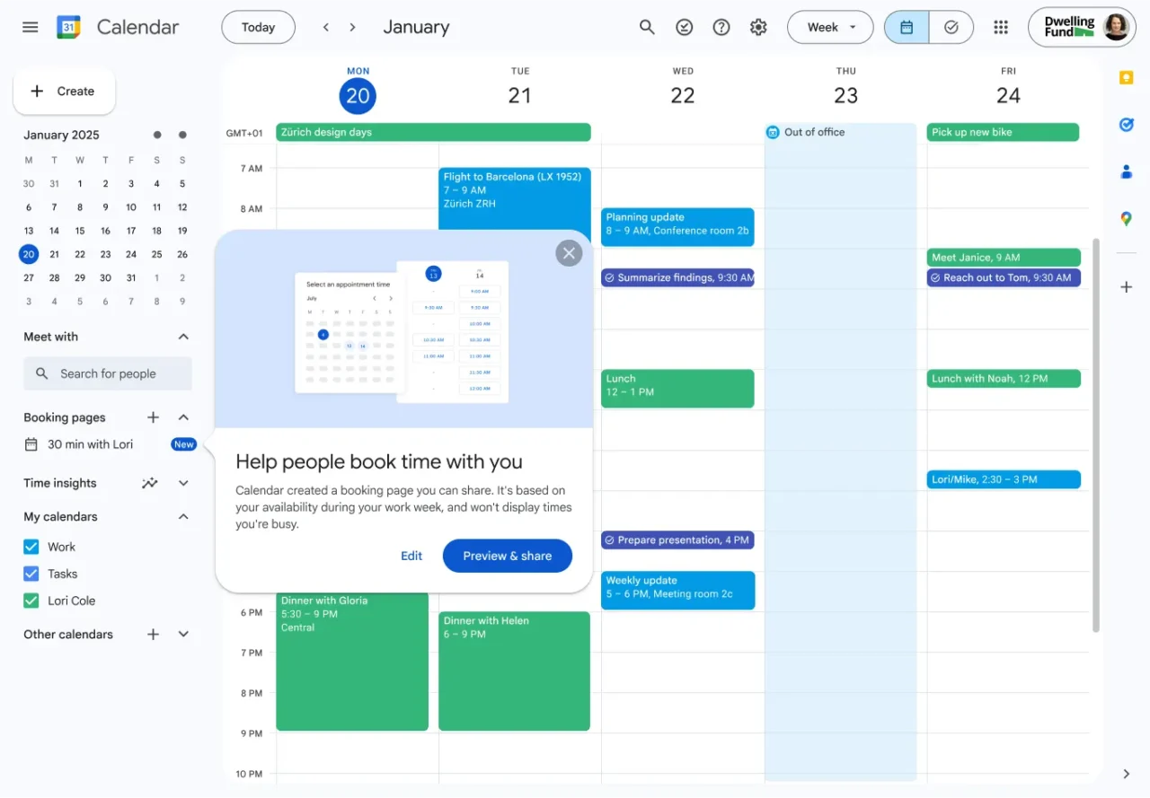 Vue semaine de Google Calendar sur le web avec barre latérale des pages de réservation et fenêtre de création d'une page