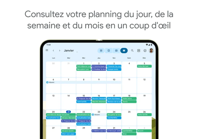 Vue mois de l'application Google Agenda sur tablette Android, avec événements, tâches et absence sur plusieurs jours