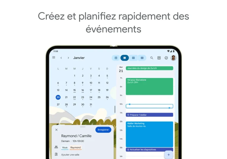 Création rapide d'un événement dans l'application Google Agenda avec invités et ajout d'une salle