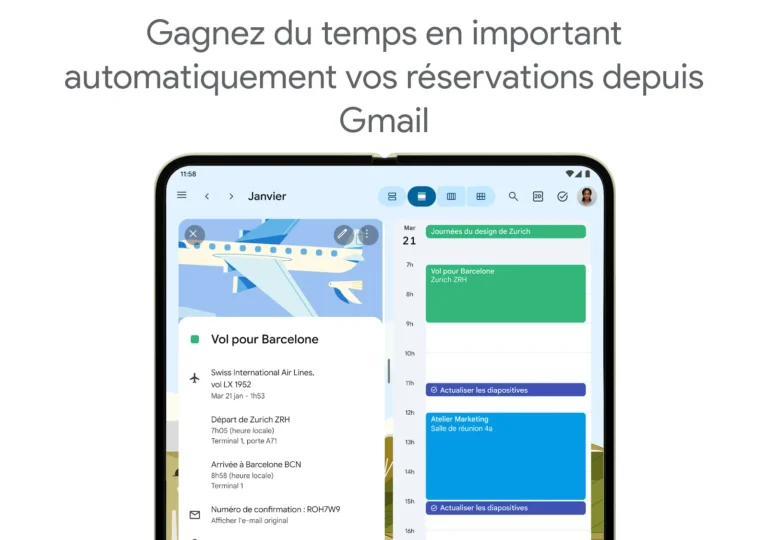 Fiche d'un vol importé depuis Gmail dans Google Agenda avec horaires, terminaux et numéro de confirmation