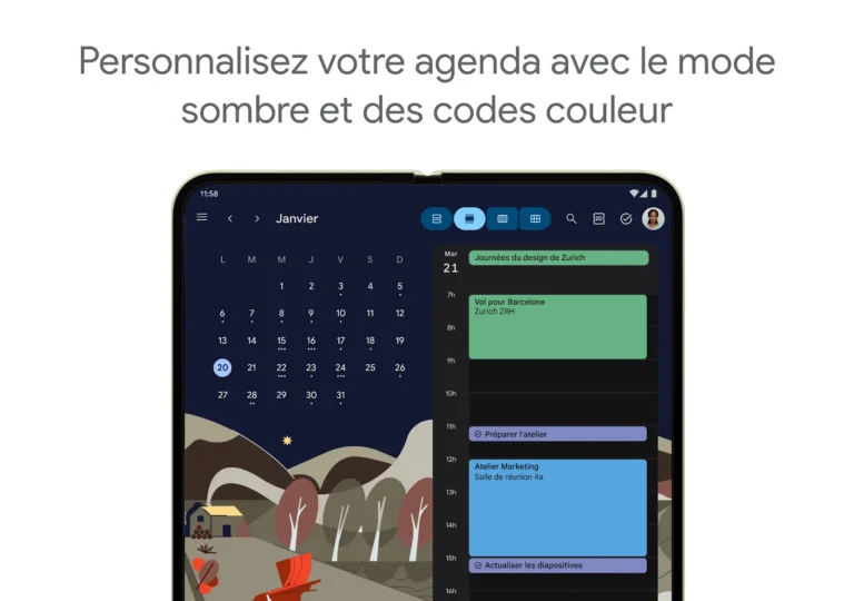 Application Google Agenda en mode sombre sur tablette avec mini-calendrier et planning de la journée