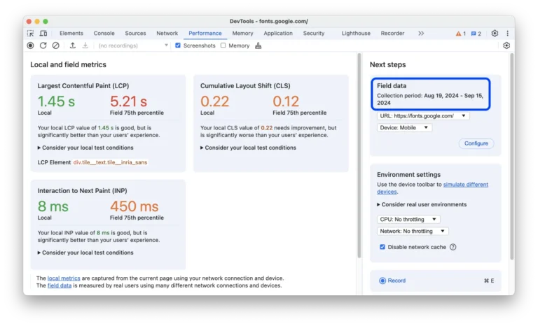 Panneau Performances de Chrome DevTools comparant LCP, CLS et INP locaux aux données terrain des utilisateurs