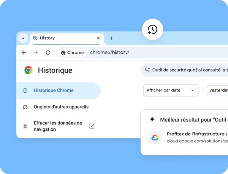 Page Historique de Chrome avec une recherche en langage naturel et un meilleur résultat proposé par l'IA