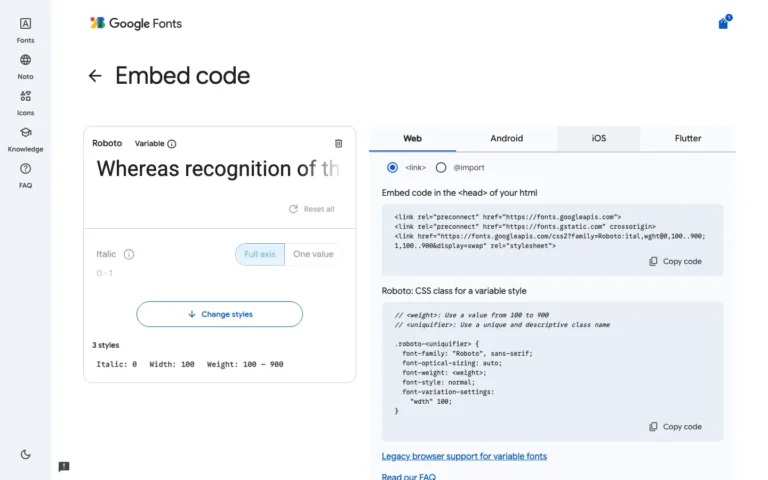 Écran Embed code de Google Fonts pour Roboto : balises link à copier et onglets Web, Android, iOS et Flutter