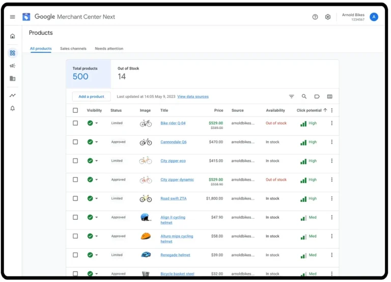 Liste des produits dans Merchant Center Next avec visibilité, statut, prix, disponibilité et potentiel de clics de chaque article