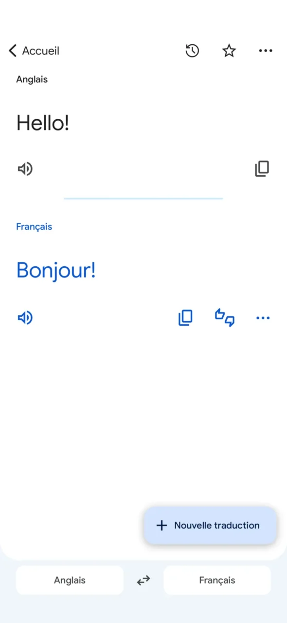 Écran de résultat de l'app Google Traduction sur iPhone, phrase anglaise traduite en français avec écoute et copie