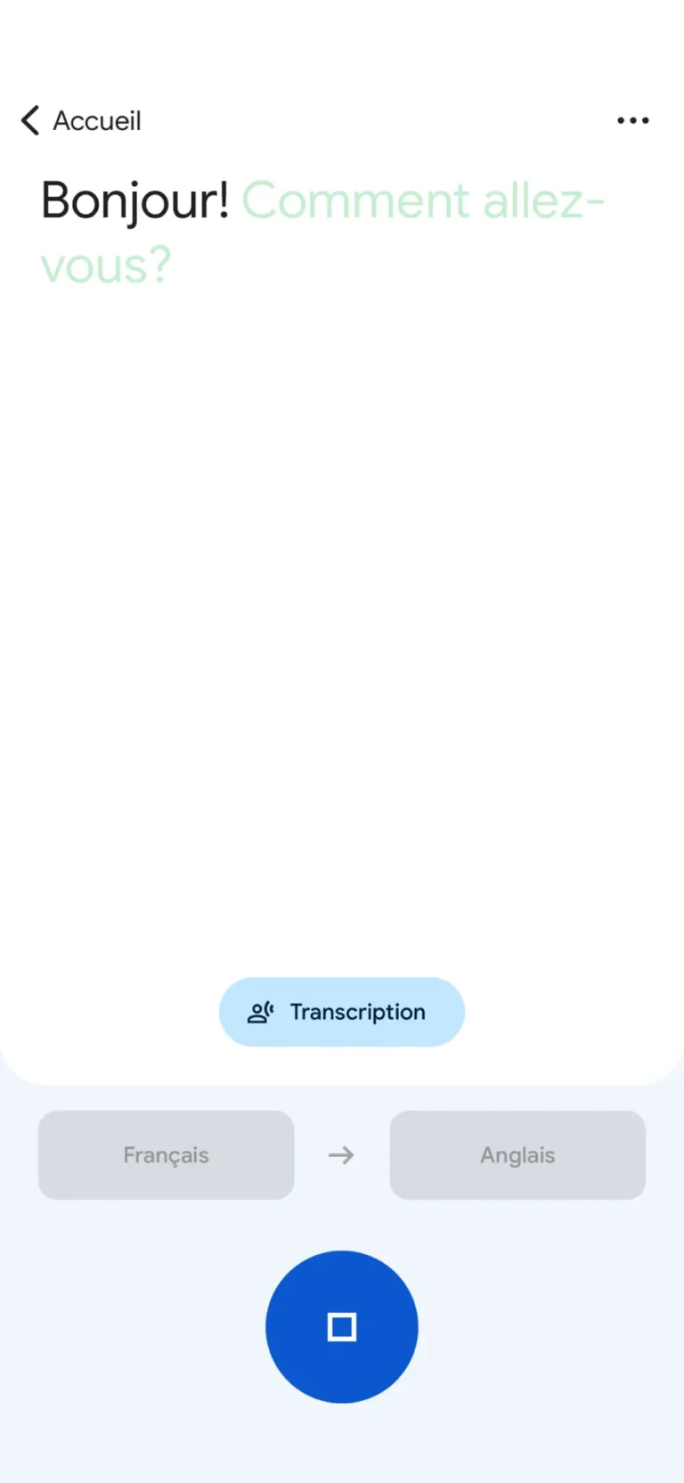 Fonction Transcription de Google Traduction sur iPhone affichant une phrase française en cours de traduction