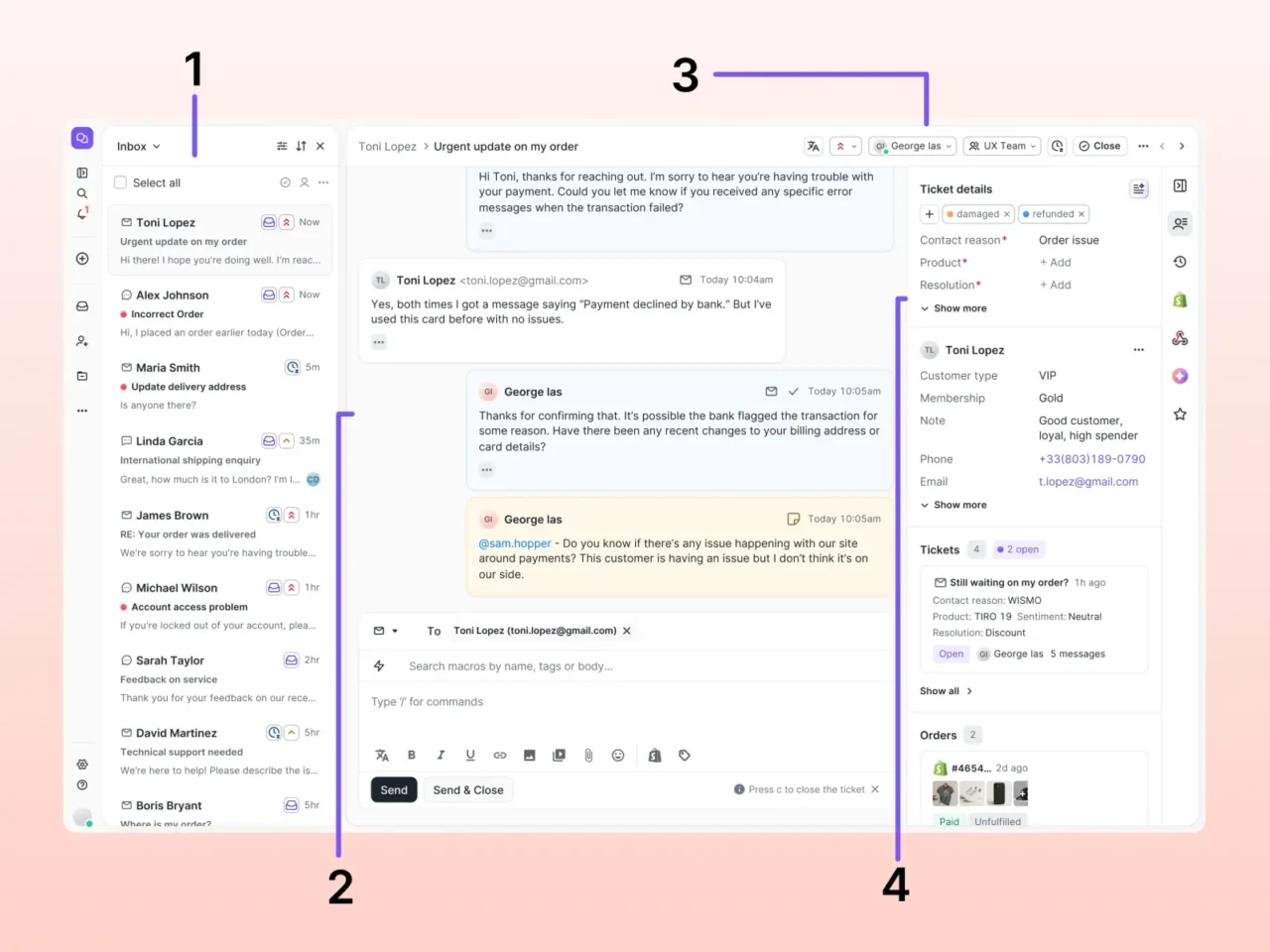 Écran de ticket Gorgias : liste des conversations, échange avec le client et panneau des détails du ticket, du profil et des commandes