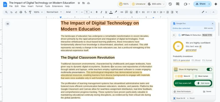 Extension Chrome GPTZero dans Google Docs : panneau de détection IA à droite et passages surlignés dans le document