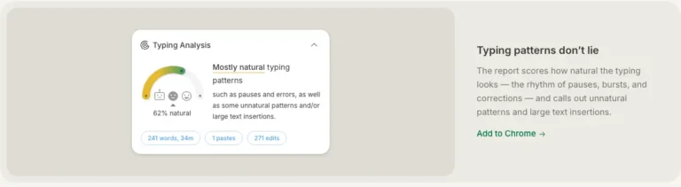 Carte Typing Analysis du rapport de rédaction GPTZero : jauge de frappe naturelle à 62 %, mots, durée, collages et modifications