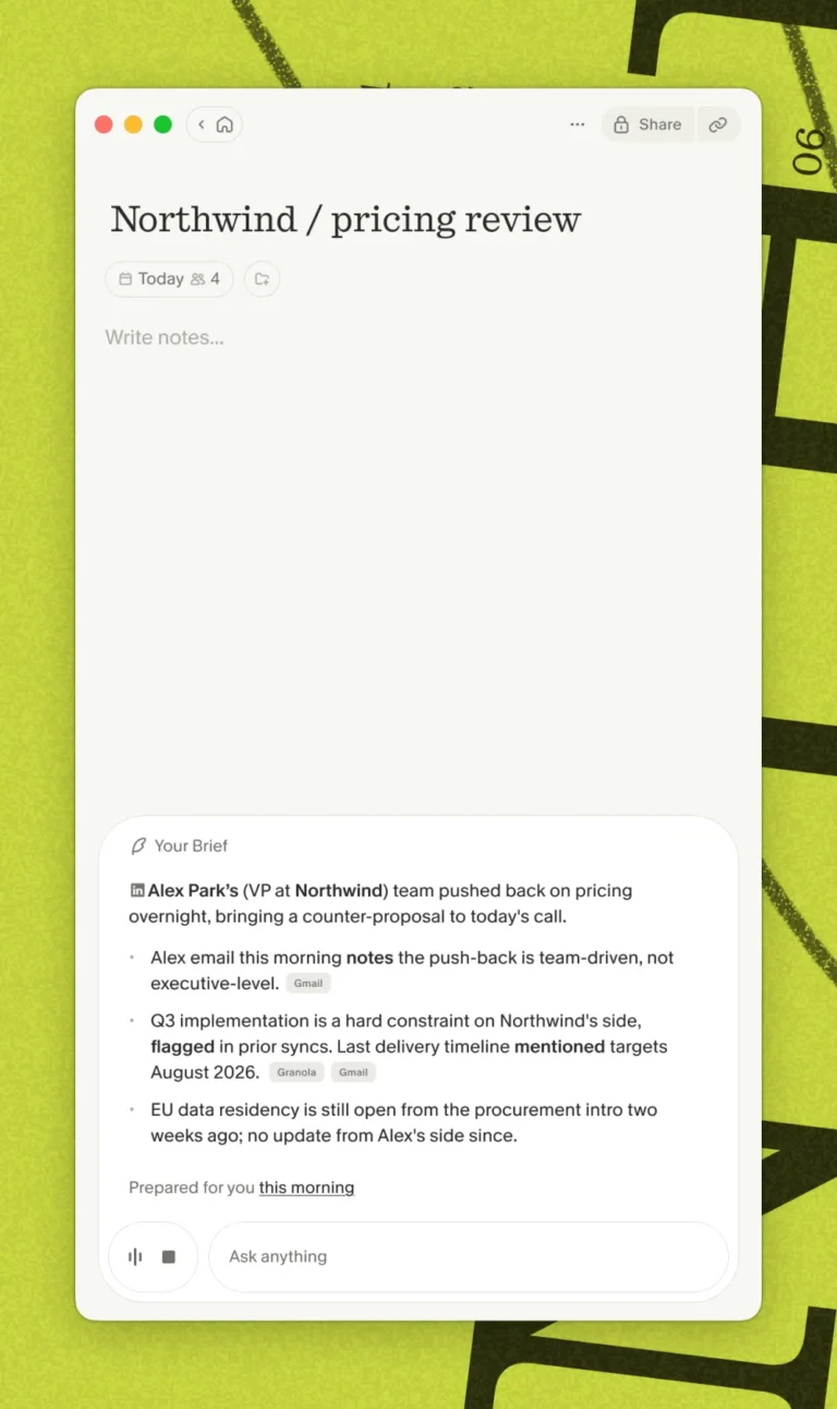 Brief de préparation affiché dans une note Granola avant une réunion commerciale, avec points sourcés Gmail et Granola