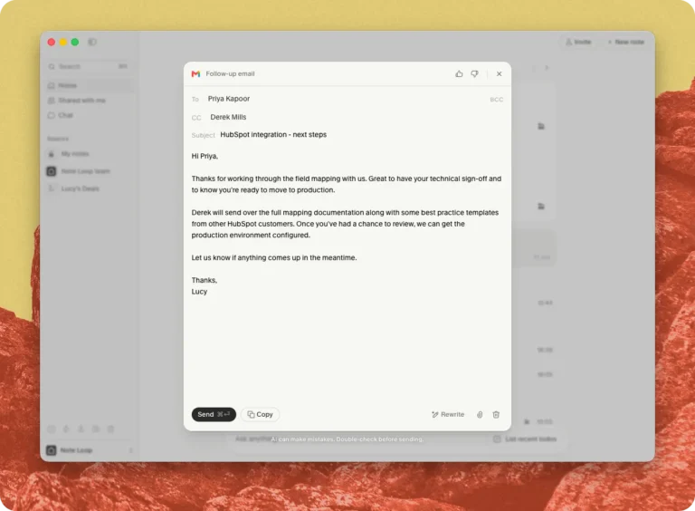 Brouillon d'e-mail de suivi généré par Granola avec destinataires, objet, corps du message et boutons Send et Copy