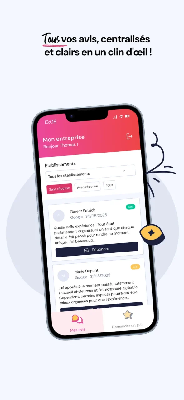 Liste des avis dans l'application mobile Guest Suite, filtrée par établissement et par avis sans réponse