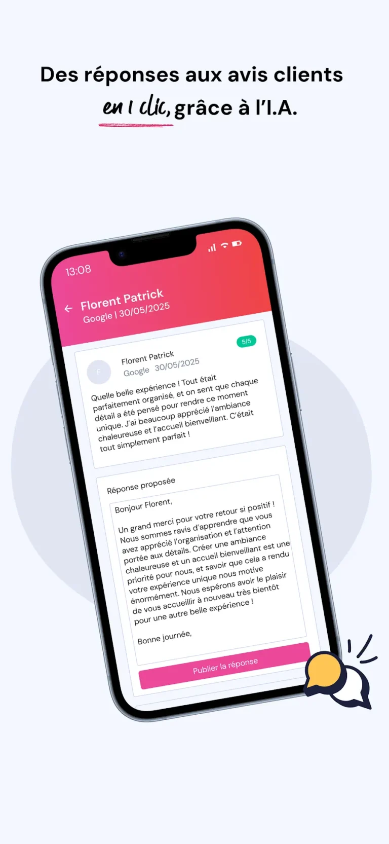 Réponse proposée par l'IA à un avis Google 5/5 dans l'application mobile Guest Suite, prête à publier