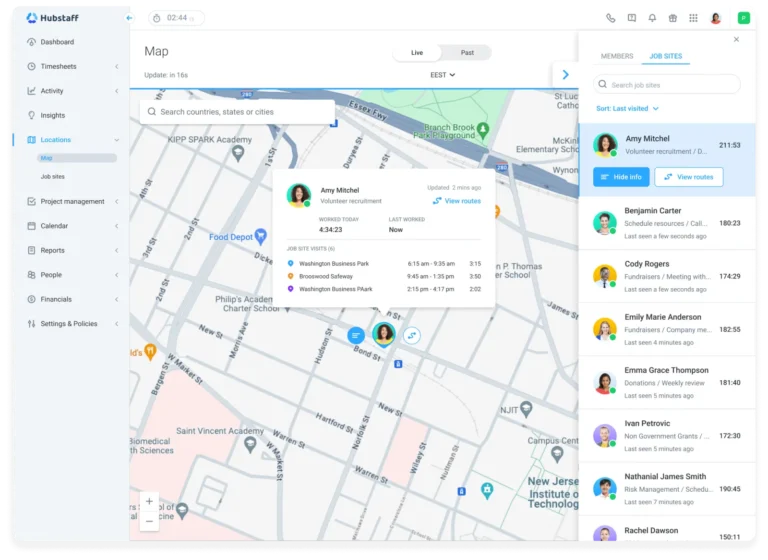 Carte en direct Hubstaff avec position d'un membre, visites de sites de travail et liste des membres actifs