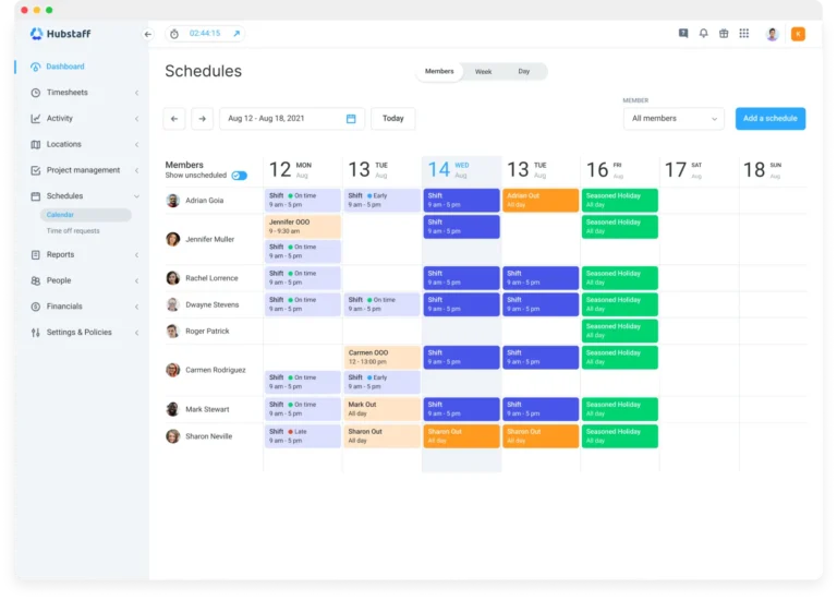 Calendrier des plannings Hubstaff par membre avec créneaux, retards, absences et jours fériés sur une semaine