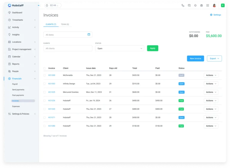 Liste des factures clients dans Hubstaff avec filtres par date, client et statut, montants payés et en attente