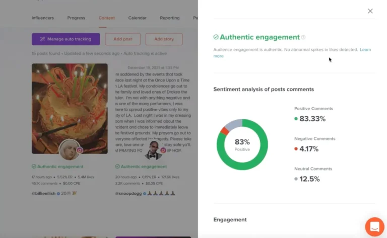 Suivi de campagne HypeAuditor : publications détectées automatiquement et analyse du sentiment des commentaires