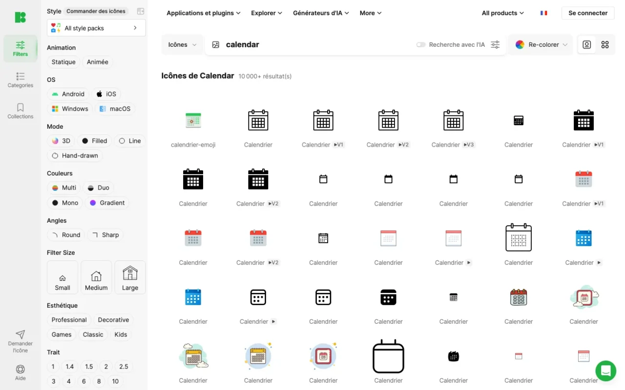 Recherche d'icônes Calendar sur Icons8 avec filtres par OS, technique, couleur, angles et épaisseur de trait