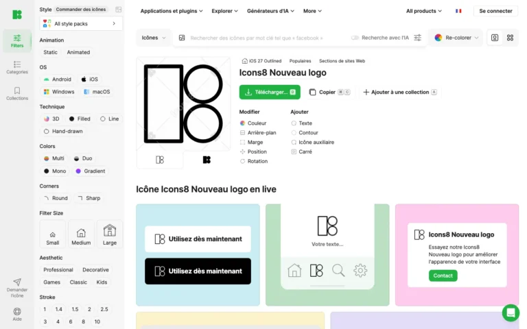 Fiche d'une icône Icons8 avec boutons Télécharger, Copier et options de couleur, arrière-plan, marge et texte