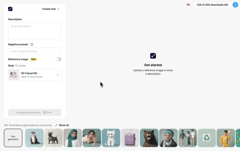 Interface d'Illustration Generator d'Icons8 : description, prompt négatif, image de référence et choix parmi 52 styles