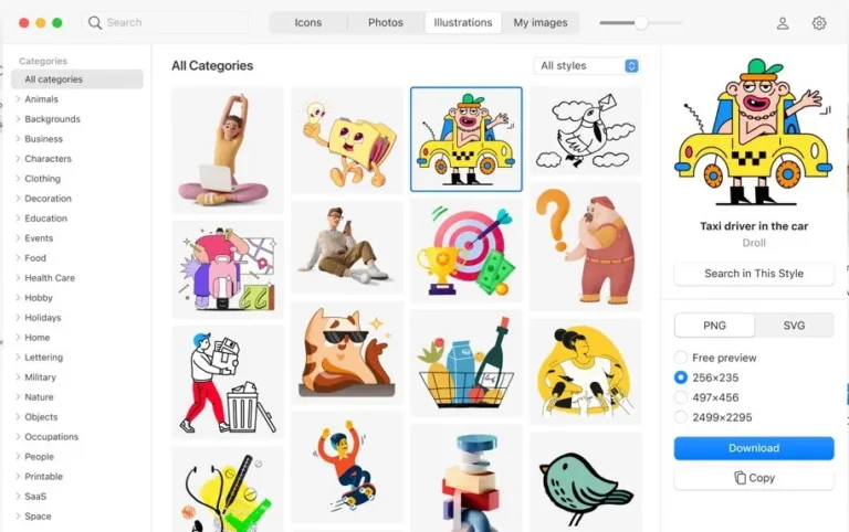 Application Pichon sur Mac : catégories d'illustrations, grille de résultats et panneau de téléchargement PNG ou SVG