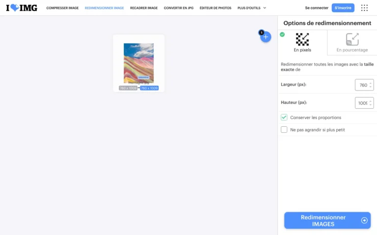 Panneau d'options de redimensionnement iLoveIMG en pixels avec largeur, hauteur et conservation des proportions