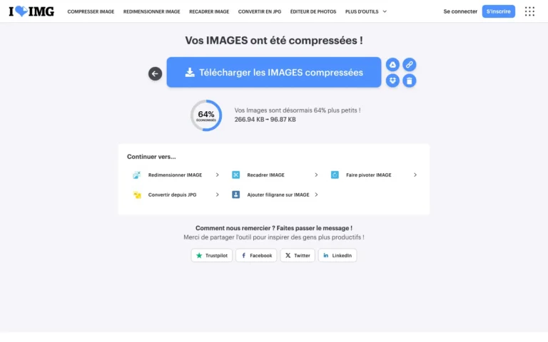 Écran de résultat de compression iLoveIMG affichant 64 % de poids gagné et les outils à enchaîner